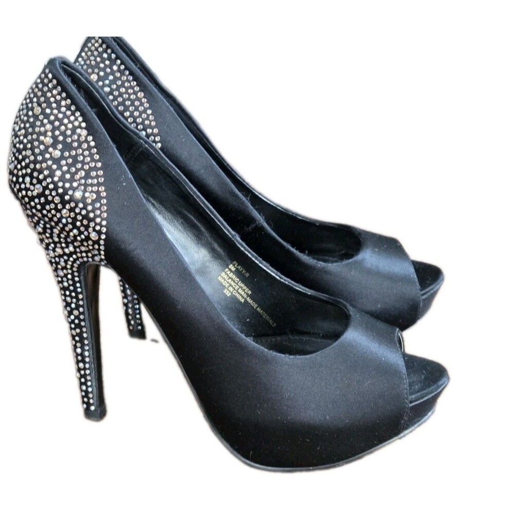 Steve Madden Black Fabric Platform Peep Toe Rhinestone Stiletto Heel - 8M